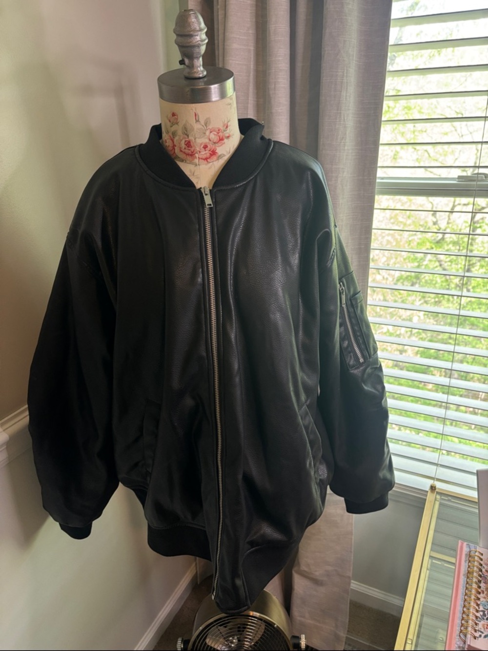 Black faux Leather Bomber Jacket - women’s  Classic Zip Front